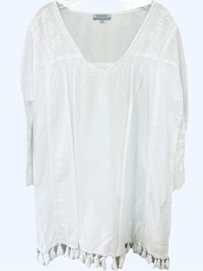 World Market White Embroidered Tassel Tunic Dress L/XL Boho Coverup
